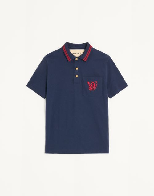 Valentino - Cotton Piqué Polo Shirt With Vg Embroidery - Blue - Man - T-shirts And Sweatshirts